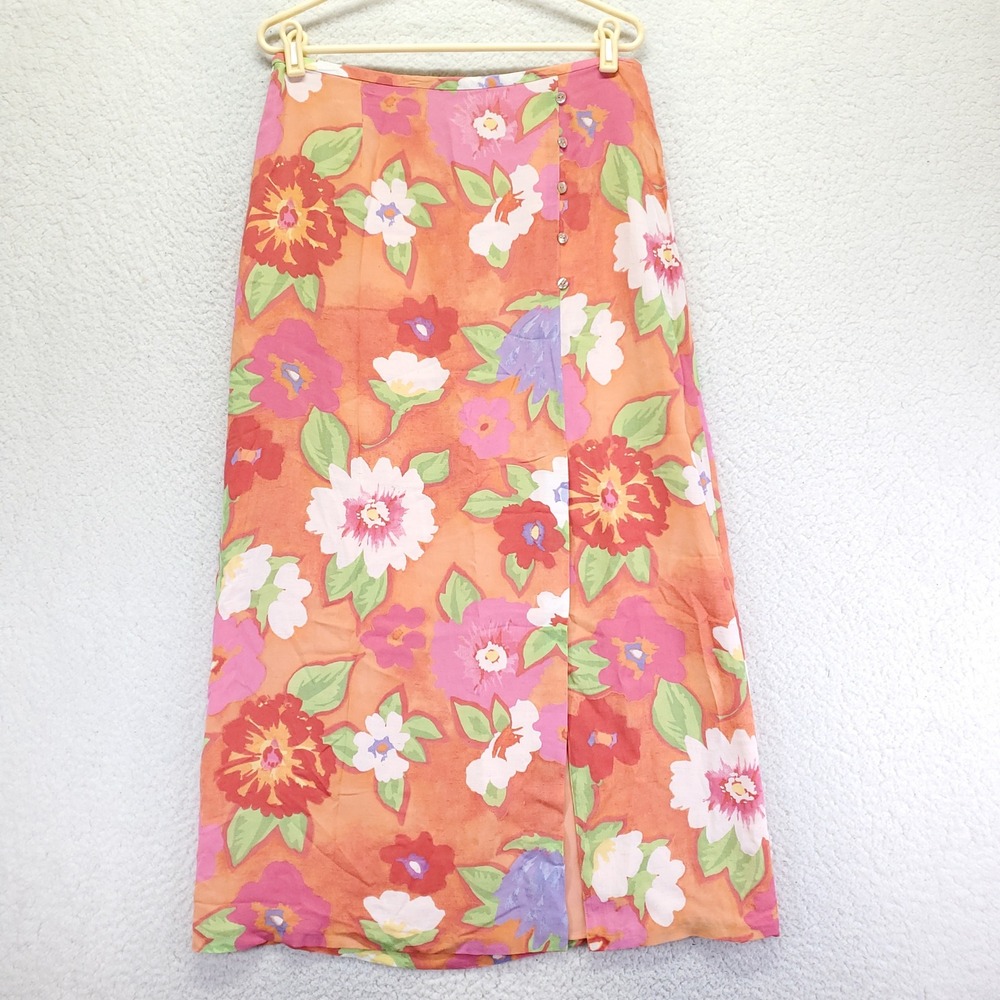 Sigrid‎ Olsen Sport Women Orange Floral Maxi Skirt Side Slit Button Detail Sz 12